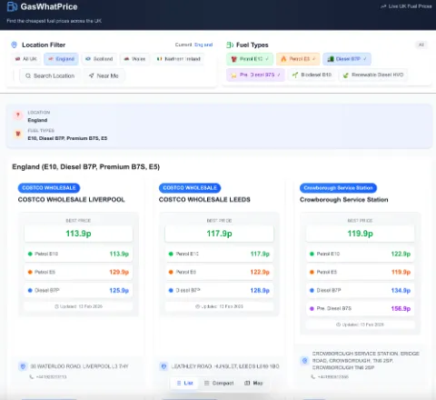 GasWhatPrice - Cheapest UK Fuel Prices | Live Comparison